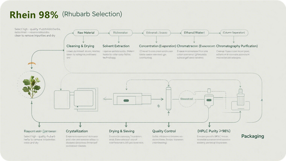 Versatile Rhein 98% Extract flow chart